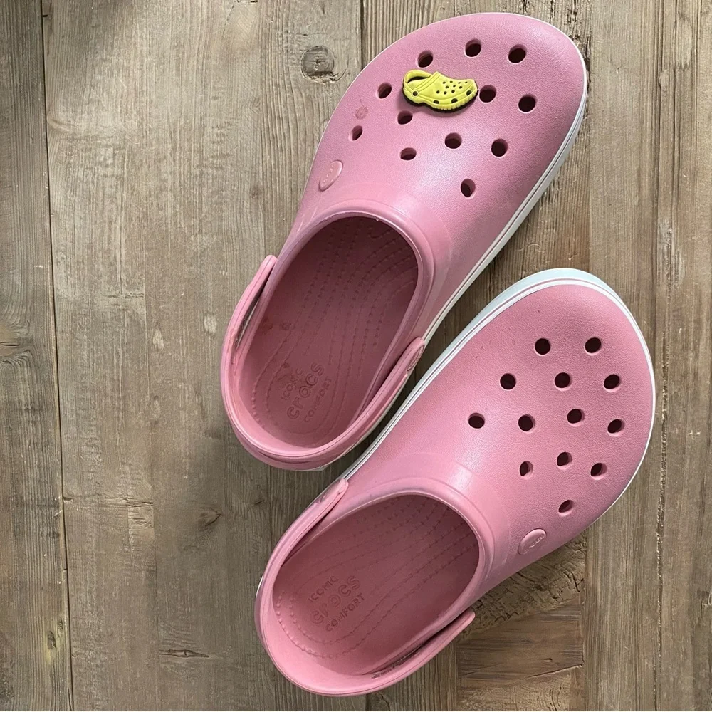 CROCS Women’s Pink White Clogs Crocband Comfort Platform Jibbitz Charm Sandals 7_6